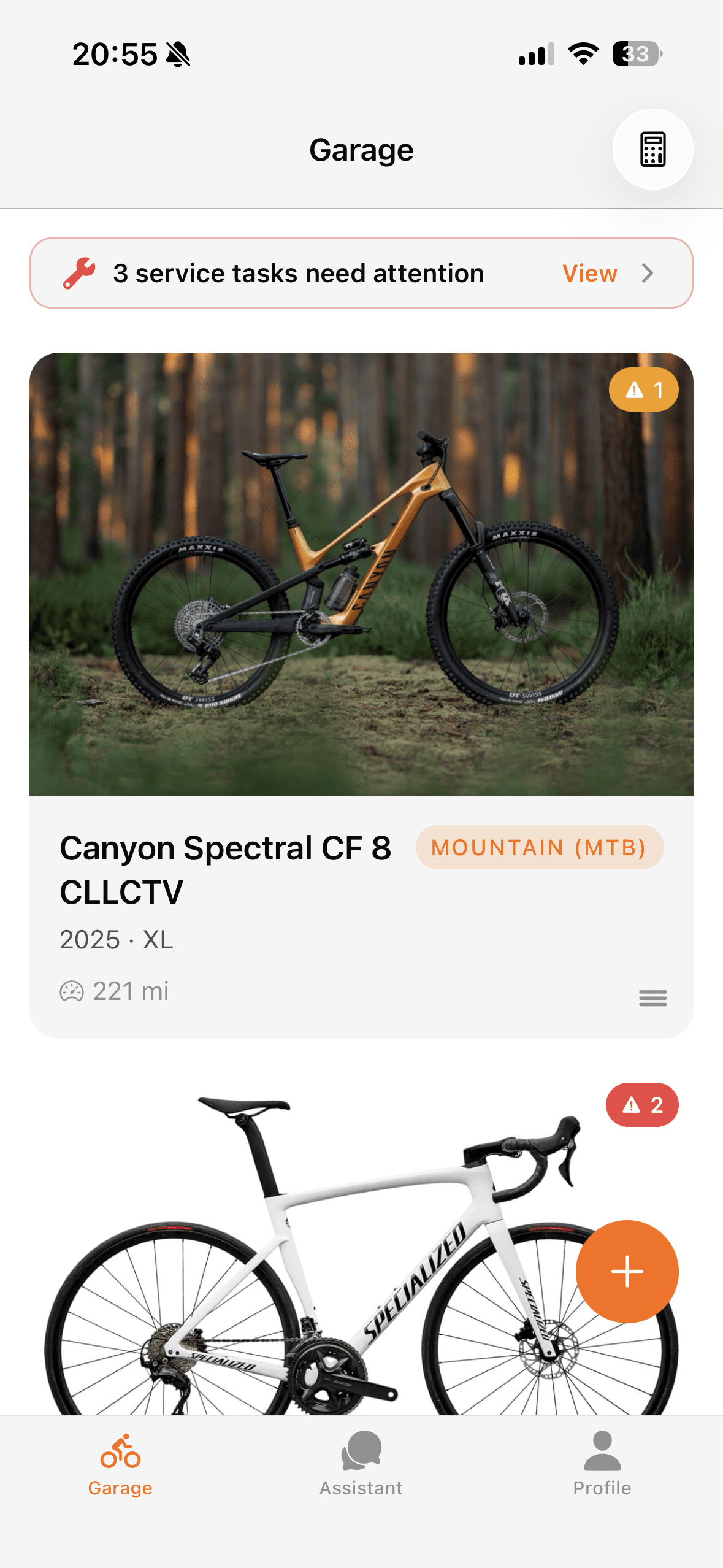 The bikested app – garage overview with bikes and service status